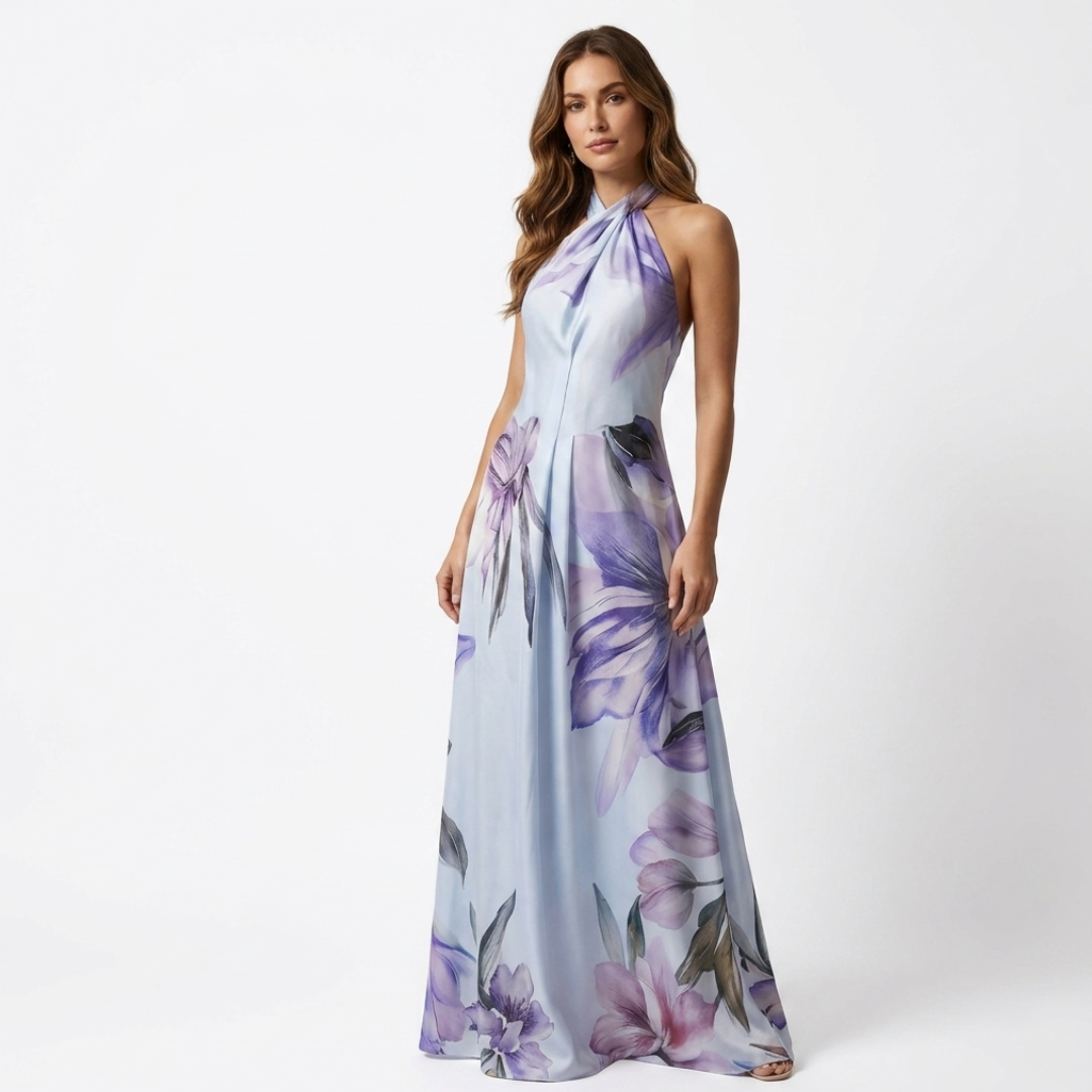 Astreia - Lang kjole med blomsterdekolleté og stropper