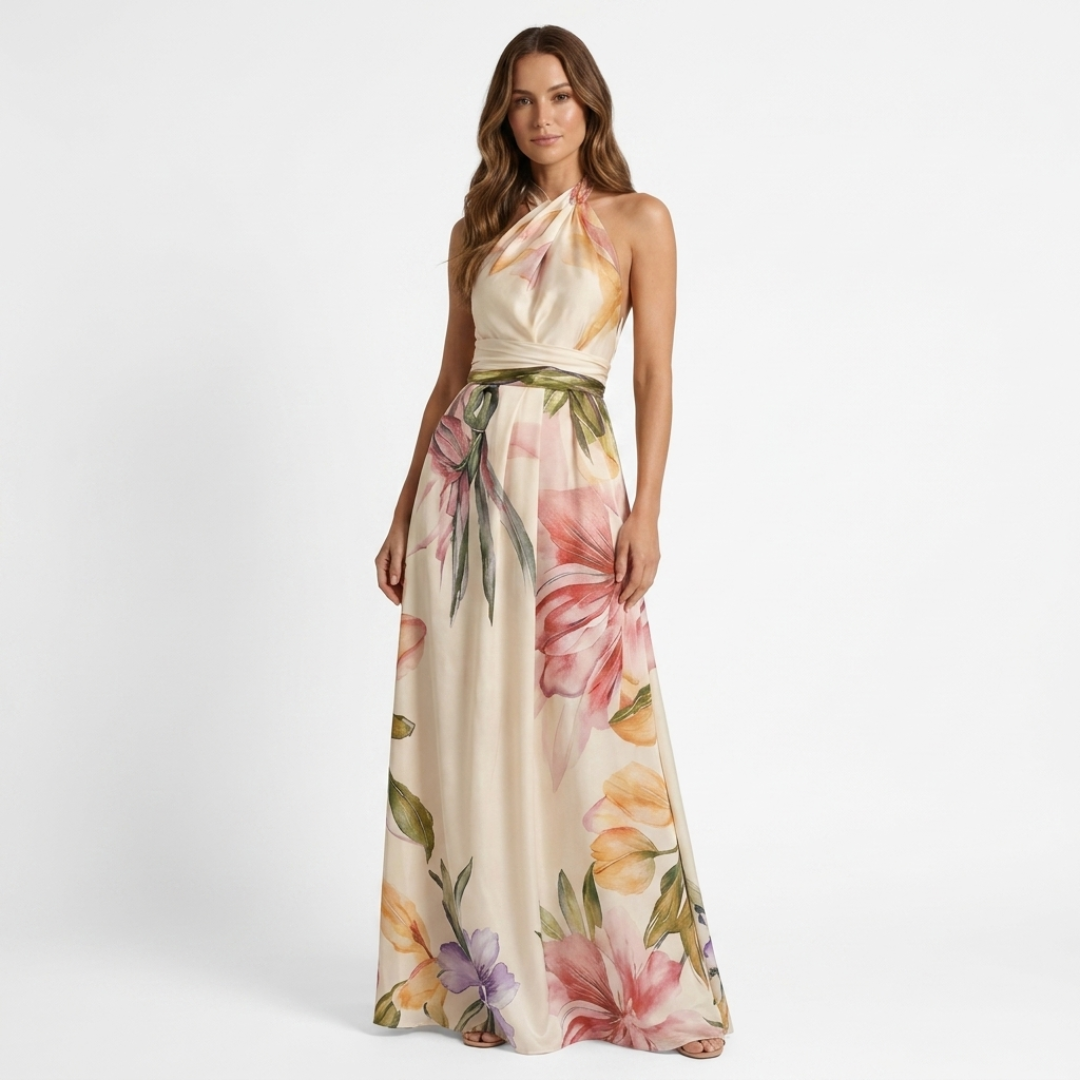Astreia - Lang kjole med blomsterdekolleté og stropper