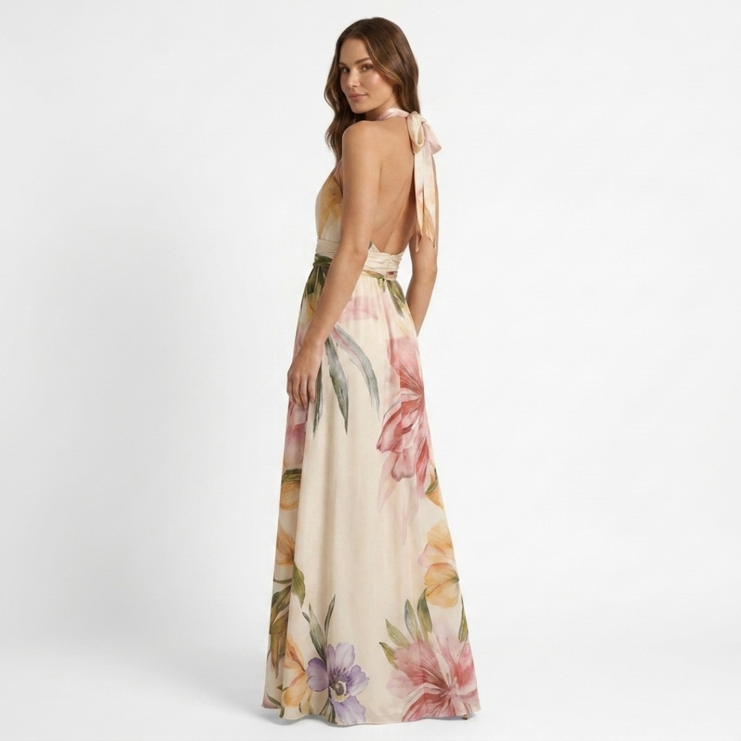 Astreia - Lang kjole med blomsterdekolleté og stropper
