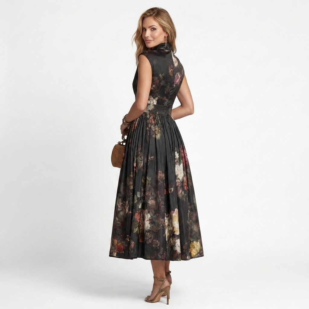 Sophia - Midi Kjole med blomsterplisseret design