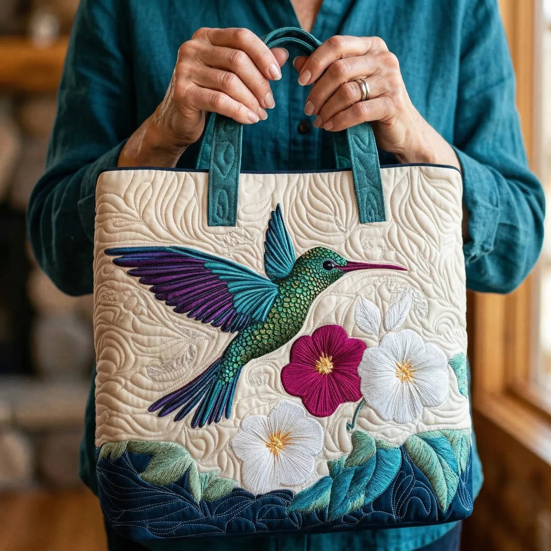 Sæk Matelassé - Colibri og Hvid Blomst