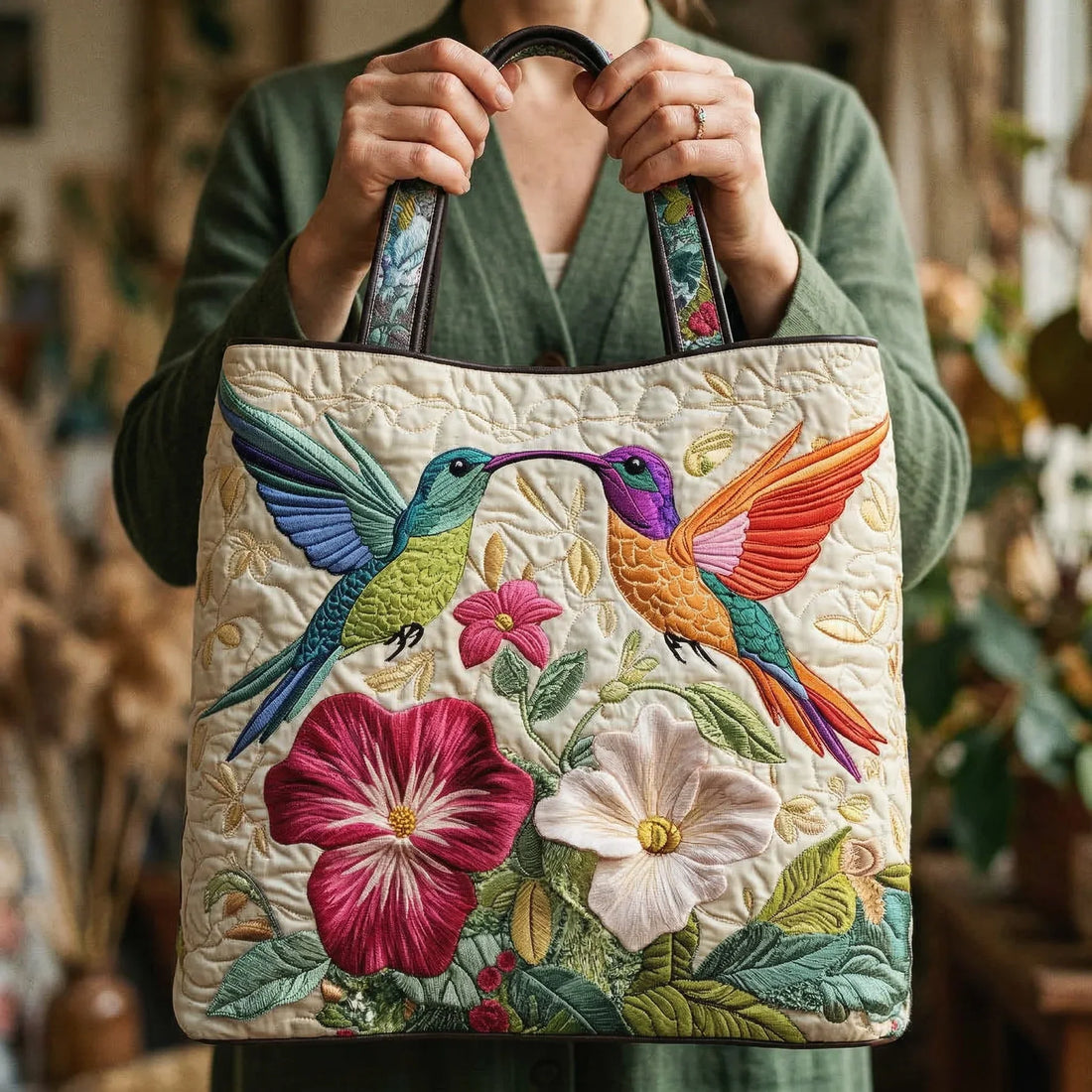 Sac Matelassé - Kolibri og Hvide Blomster