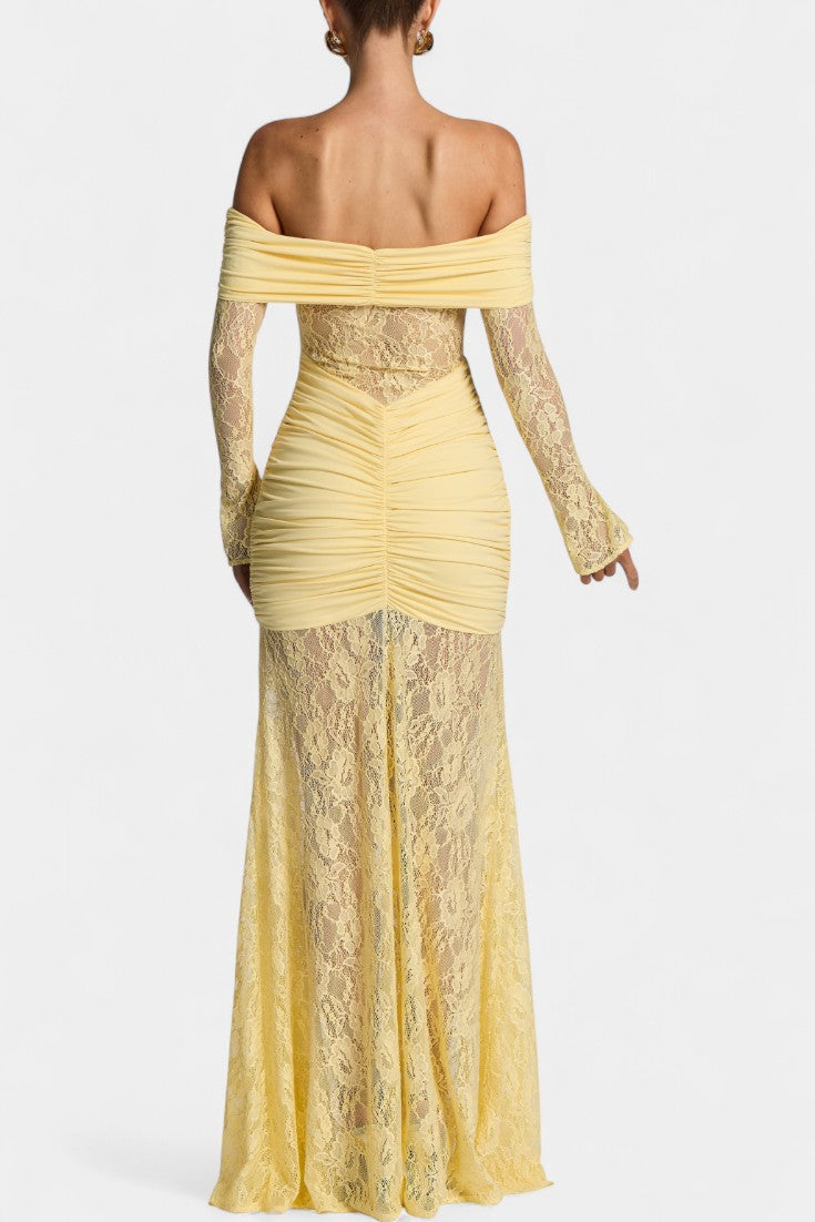 Kamila - Bruma Kjole med Blonder, Off-Shoulder og Volanger