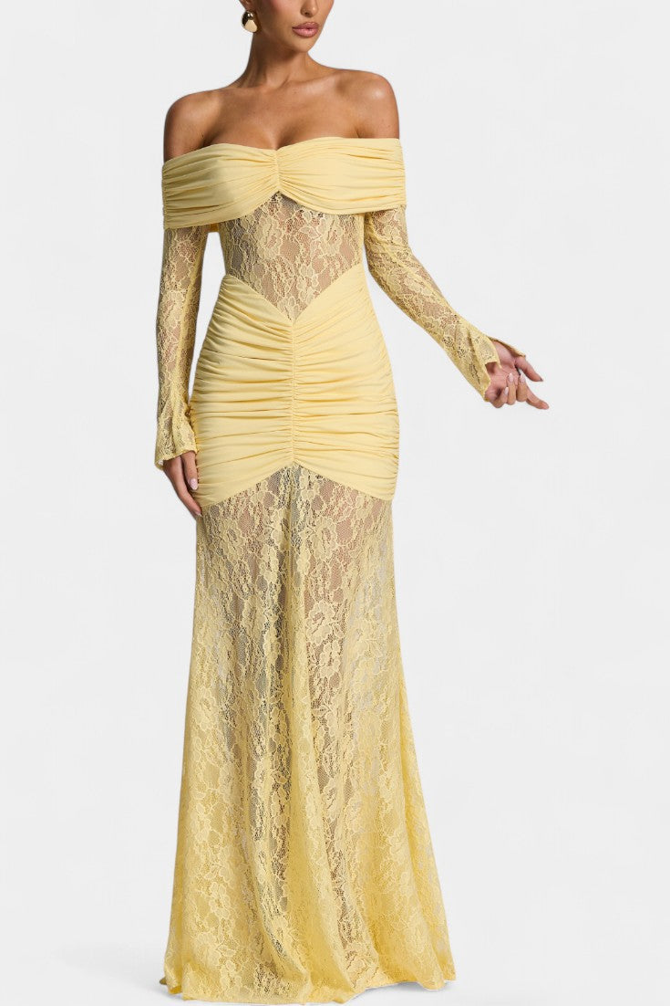 Kamila - Bruma Kjole med Blonder, Off-Shoulder og Volanger