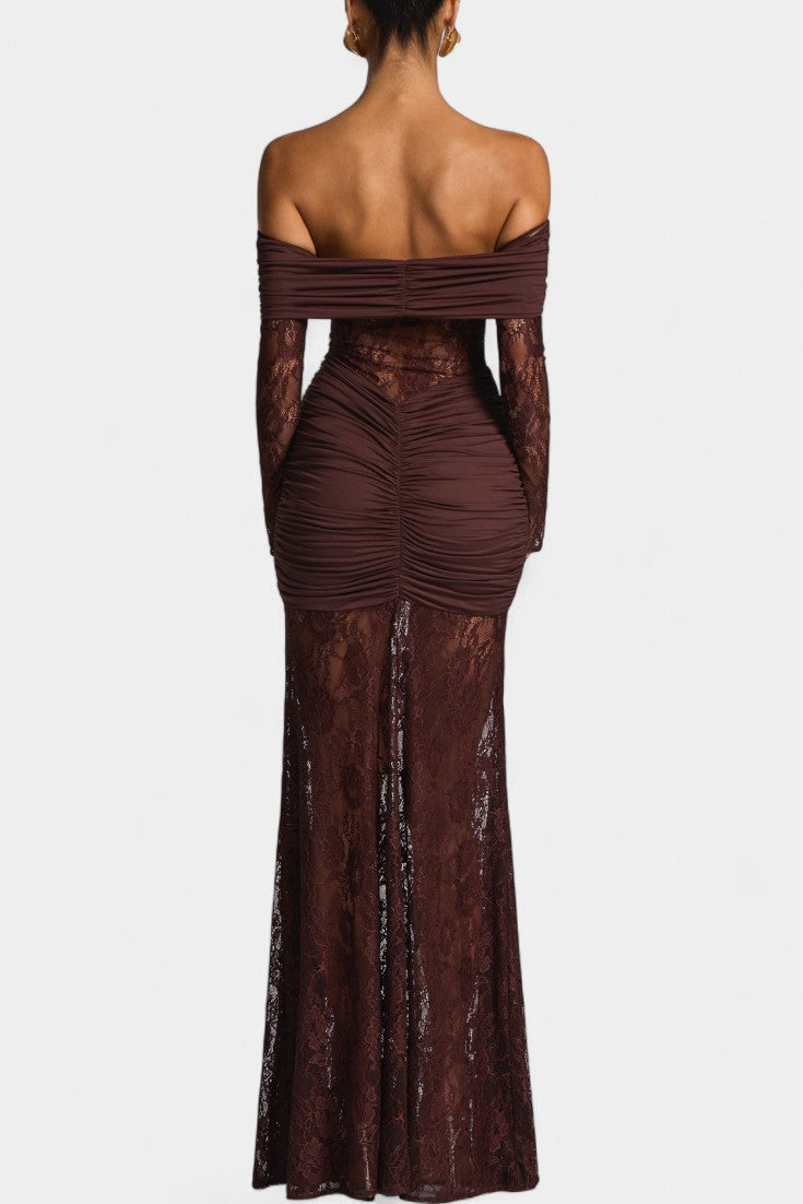 Kamila - Bruma Kjole med Blonder, Off-Shoulder og Volanger