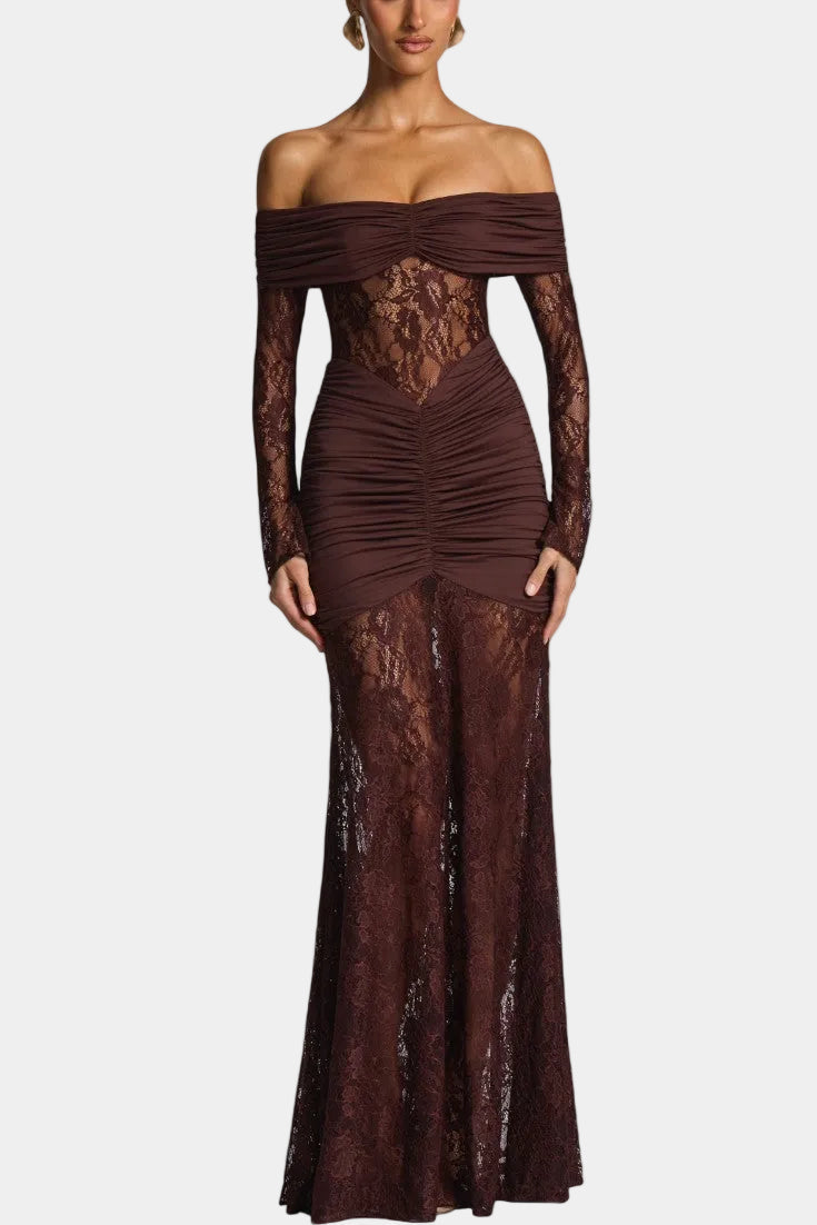 Kamila - Bruma Kjole med Blonder, Off-Shoulder og Volanger