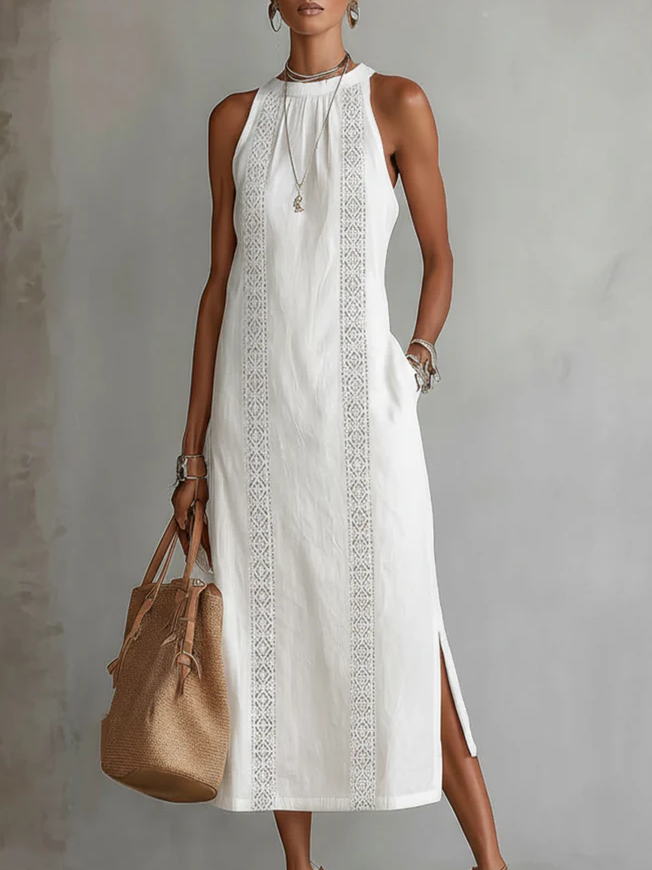 Jimena - Linned midi kjole med Mao krave