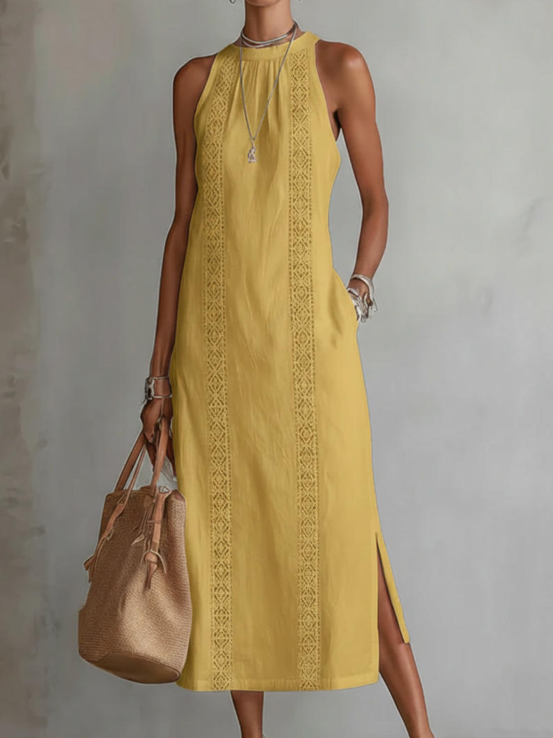 Jimena - Linned midi kjole med Mao krave