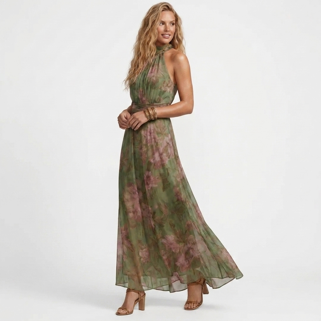 Theia - Grøn blomster maxi kjole
