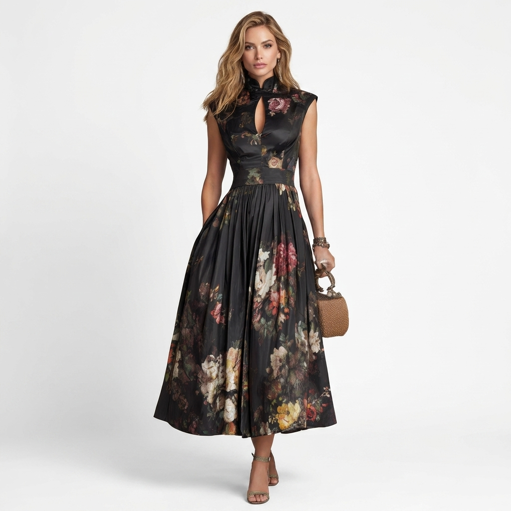 Sophia - Midi Kjole med blomsterplisseret design